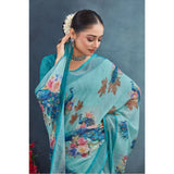 Aqua linen floral printed saree with unstitched blouse (5.5mtr), women's traditional Indian wear on mannequin
