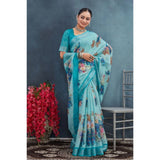Aqua linen floral printed saree with unstitched blouse (5.5Mtr), traditional Indian women's attire on display