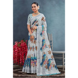 Off-white linen floral printed saree with unstitched blouse, vibrant blooms on a natural background