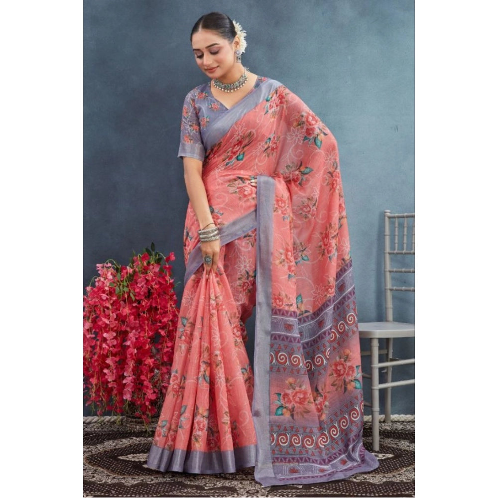 Peach linen floral printed saree with unstitched blouse, vibrant floral pattern on display