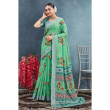 Green linen floral printed saree with unstitched blouse, vibrant blooms on a natural background