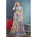Beige linen floral printed saree with unstitched blouse, vibrant blooms on 5.5mtr fabric