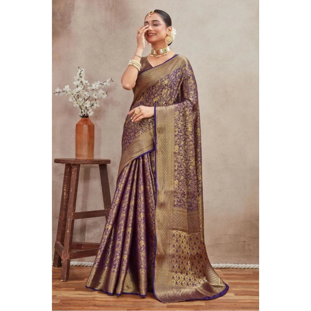 Navy blue silk blend floral printed saree with unstitched blouse, vibrant blooms on flowing fabric