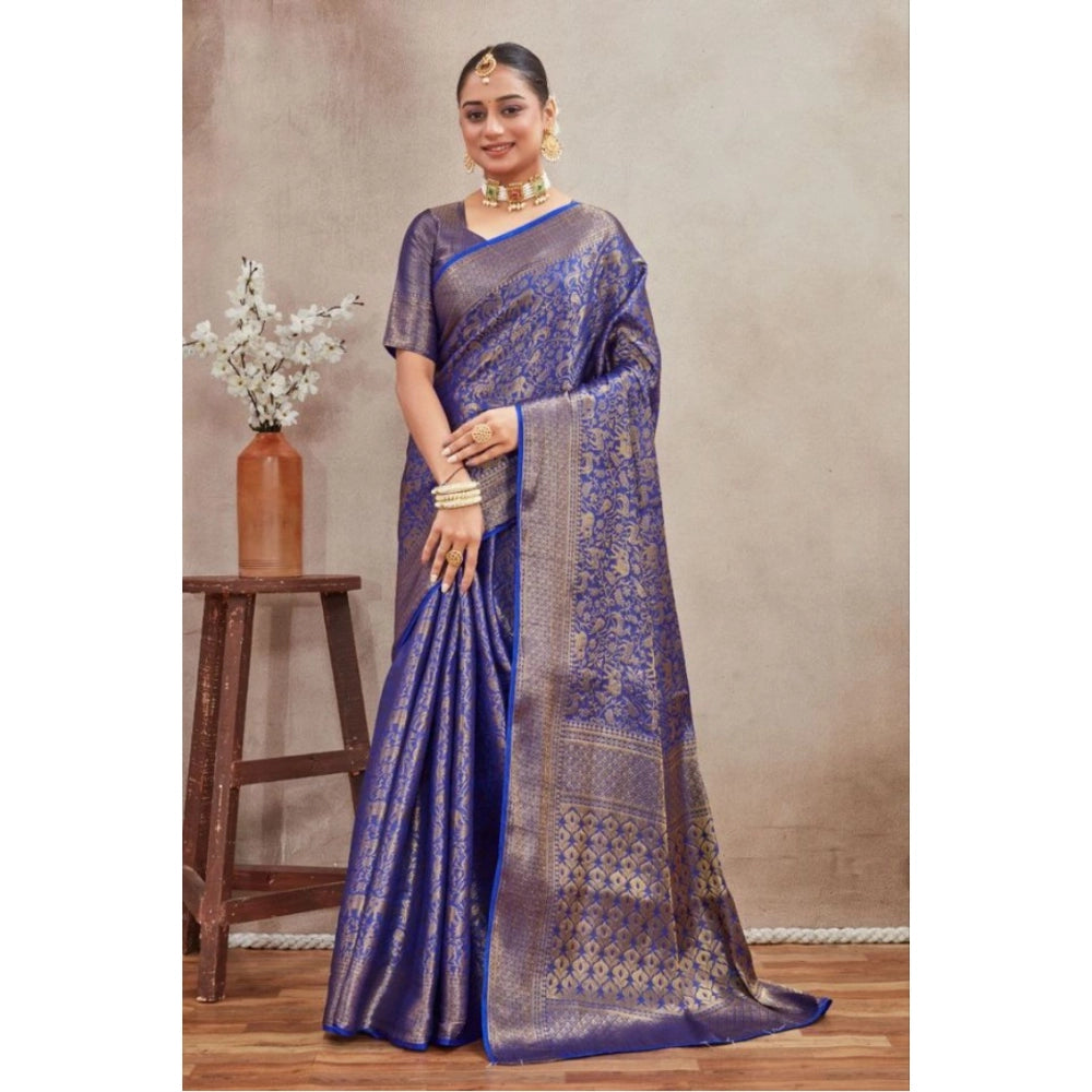 Royal blue silk blend floral printed saree with unstitched blouse, vibrant floral design on display