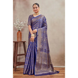 Royal blue silk blend floral printed saree with unstitched blouse, vibrant floral design on display