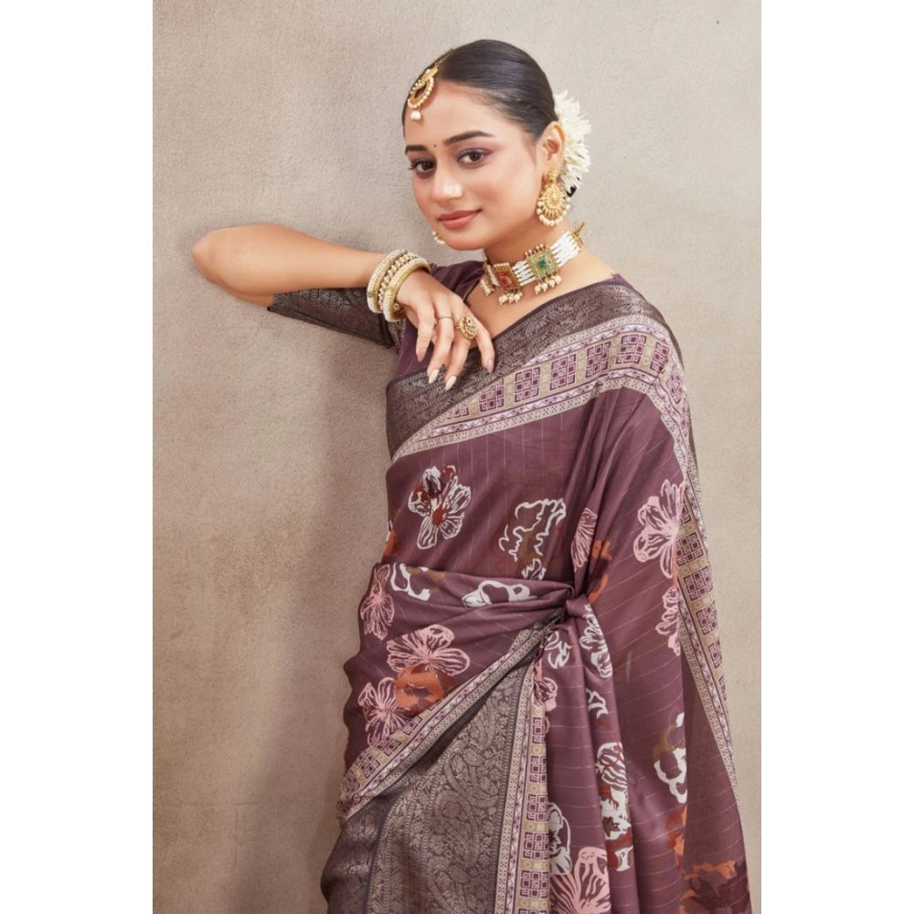 Purple crepe silk printed saree with unstitched blouse, vibrant Indian fashion accessory for women