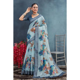 Grey linen floral printed saree with unstitched blouse, vibrant pattern for women's fashion