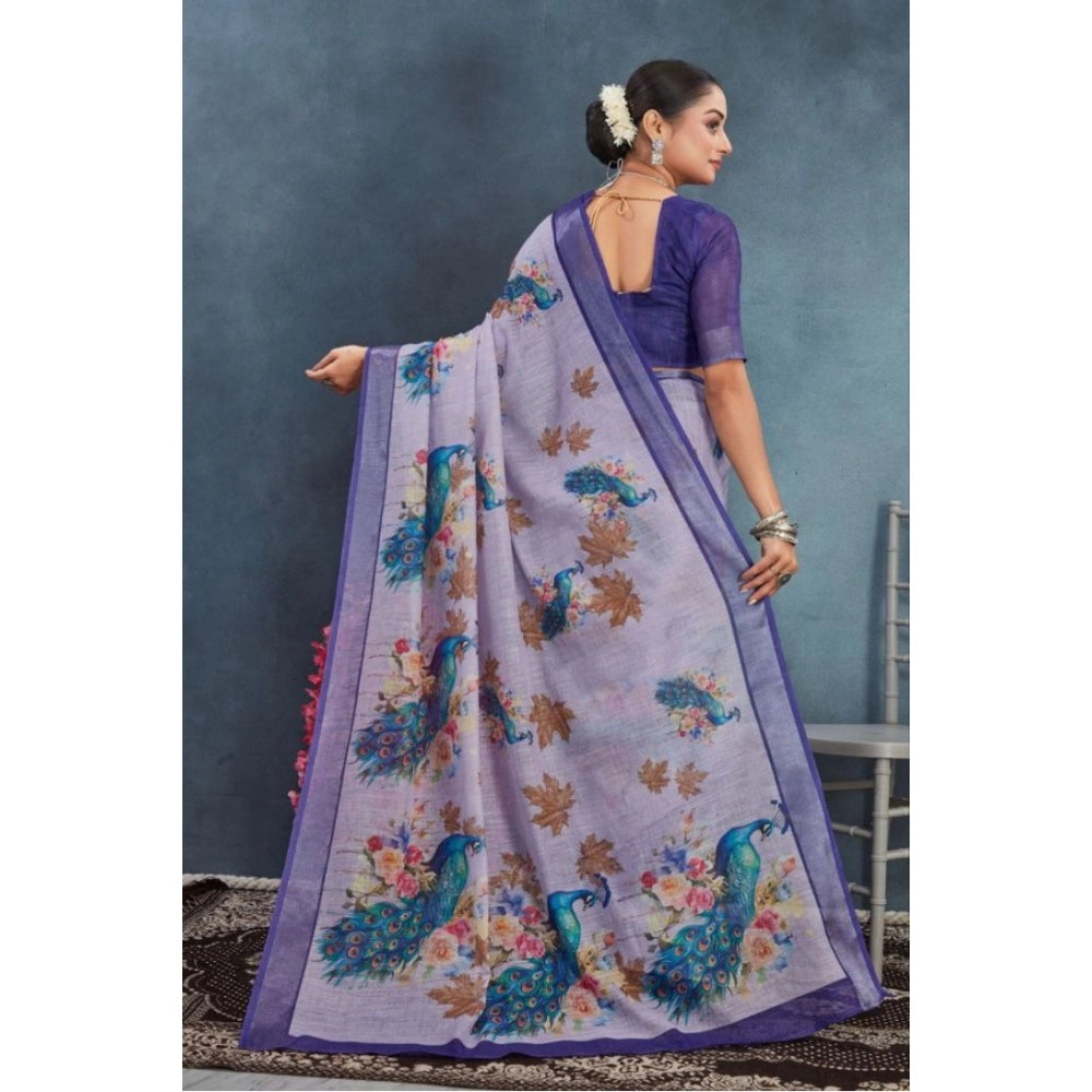 Purple linen floral printed saree with unstitched blouse, 5.5mtr - vibrant floral pattern on women's traditional Indian wear