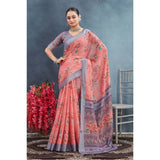 Peach linen floral printed saree with unstitched blouse, vibrant floral pattern on a 5.5mtr length
