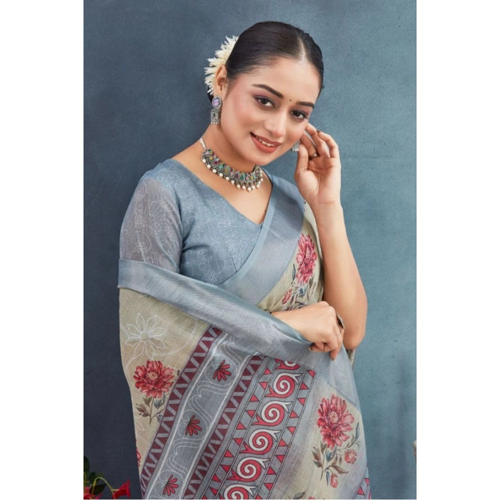 Beige linen floral printed saree with unstitched blouse (5.5mtr), vibrant floral design for traditional Indian wear
