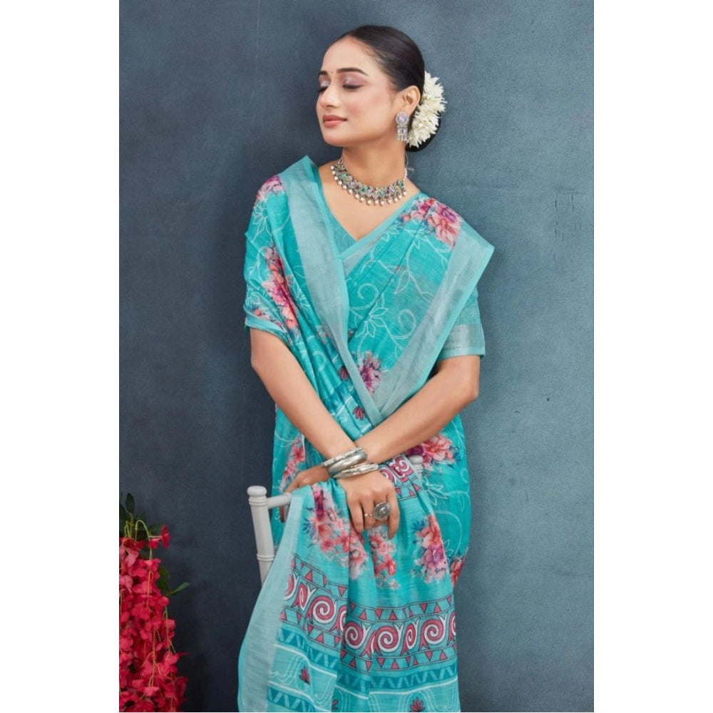 Aqua linen floral printed saree with unstitched blouse (5.5mtr), women's traditional Indian wear