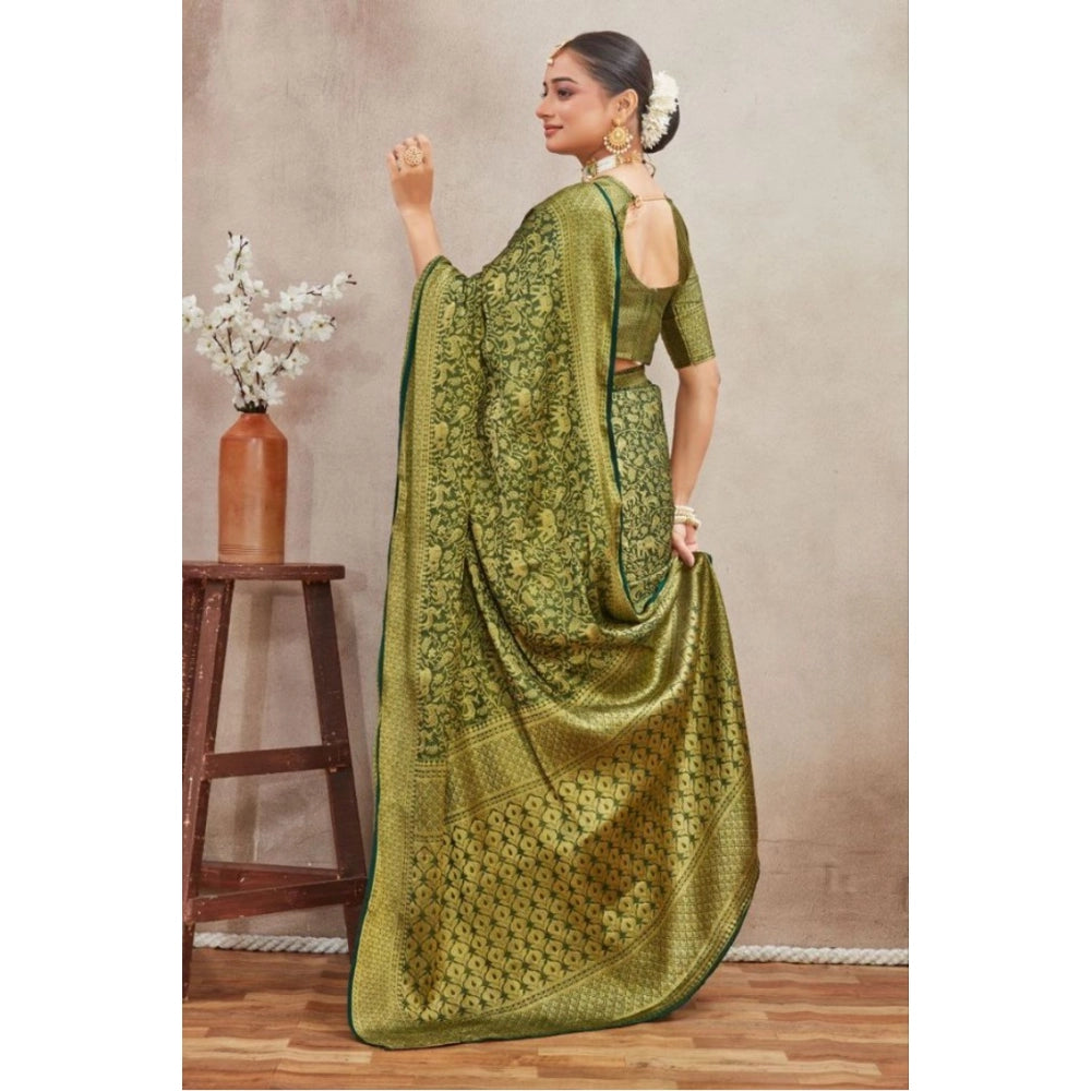Green silk blend floral printed saree with unstitched blouse, vibrant blooms on flowing fabric