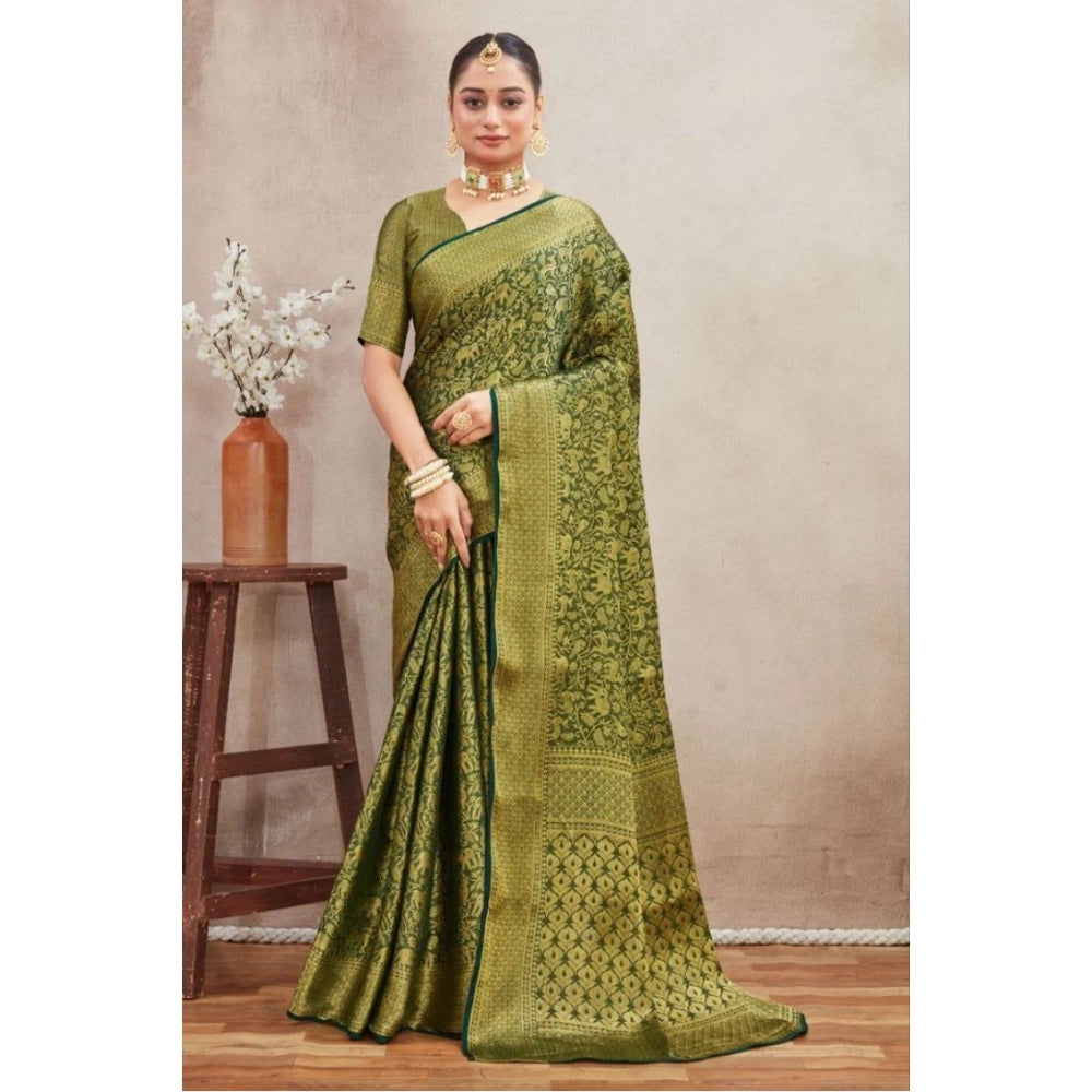 Green silk blend floral printed saree with unstitched blouse, vibrant and elegant for traditional Indian wear