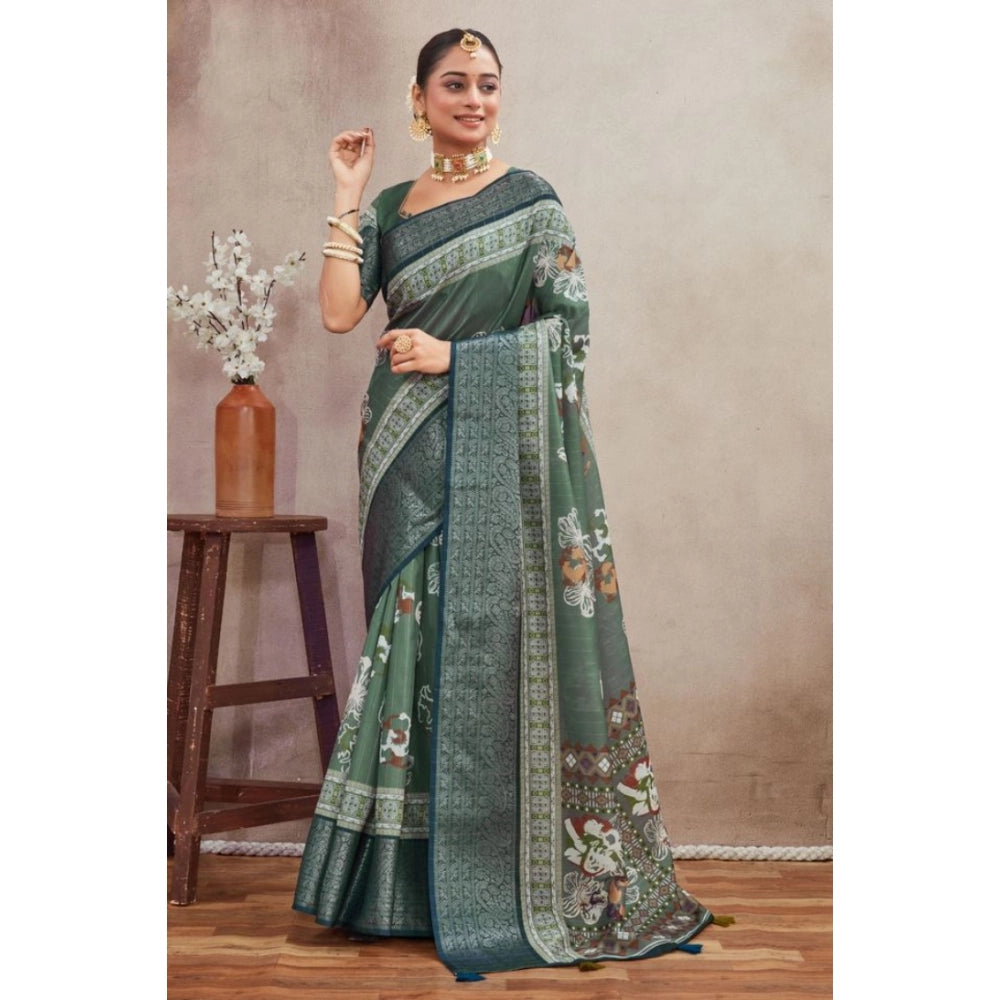 Green crepe silk printed saree with unstitched blouse (5.5mtr) - elegant Indian attire for women