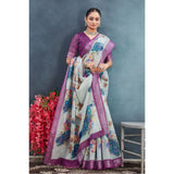 Magenta linen floral printed saree with unstitched blouse, vibrant and stylish Indian wear
