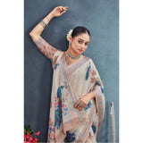 Beige linen floral printed saree with unstitched blouse, vibrant floral design for Indian women's wear