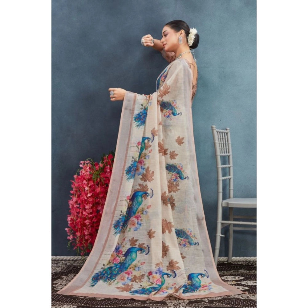 Beige linen floral printed saree with unstitched blouse, vibrant floral detailing on 5.5mtr length