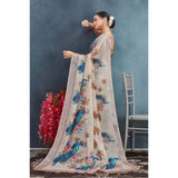 Beige linen floral printed saree with unstitched blouse, vibrant floral detailing on 5.5mtr length