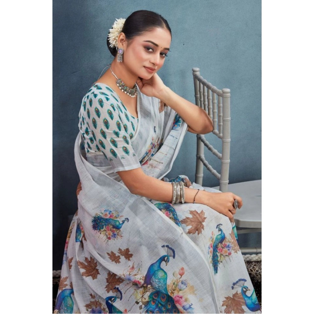 Off-white linen floral printed saree with unstitched blouse, vibrant flower patterns on traditional Indian wear