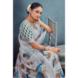 Off-white linen floral printed saree with unstitched blouse, vibrant flower patterns on traditional Indian wear