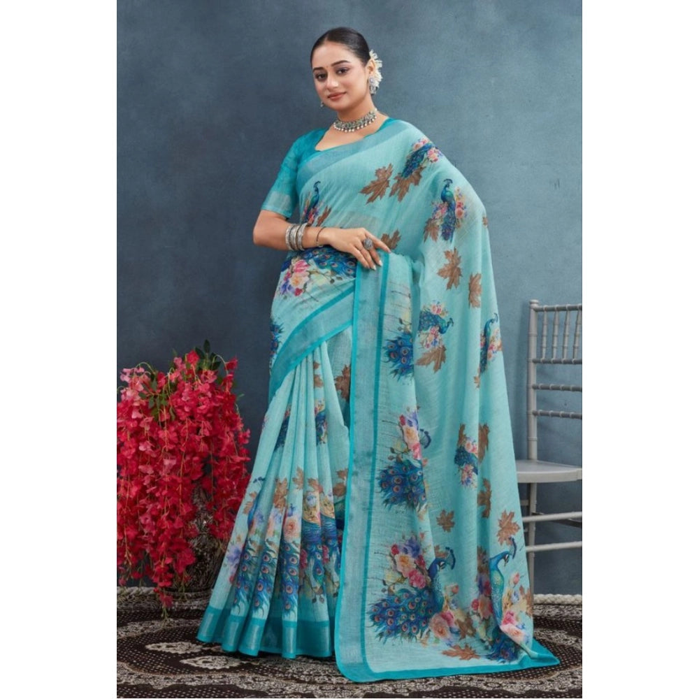 Aqua linen floral printed saree with unstitched blouse, vibrant pattern on a natural background