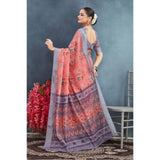 Peach linen floral printed saree with unstitched blouse, vibrant blooms on traditional Indian wear