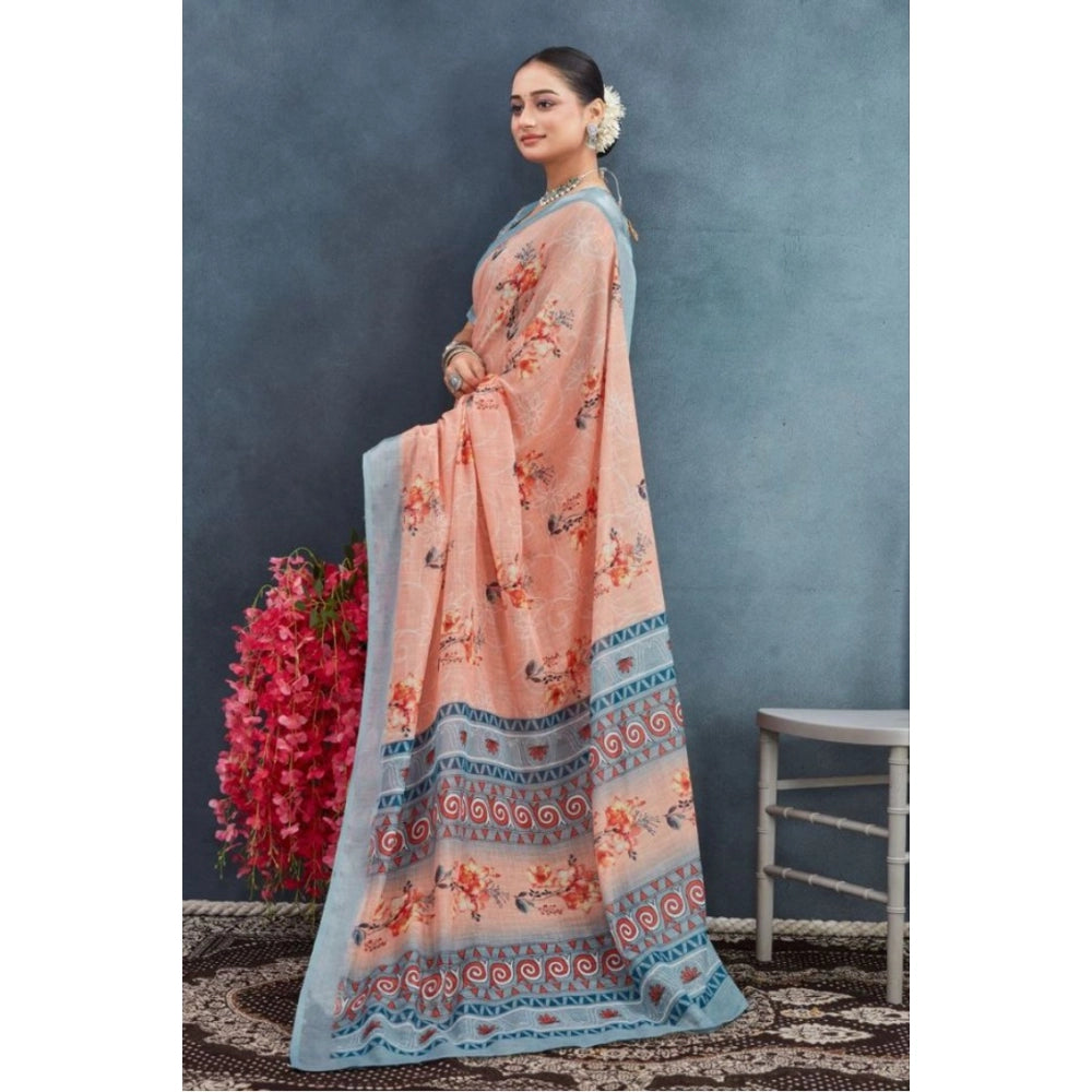 Orange linen floral printed saree with unstitched blouse, vibrant and elegant for traditional Indian wear