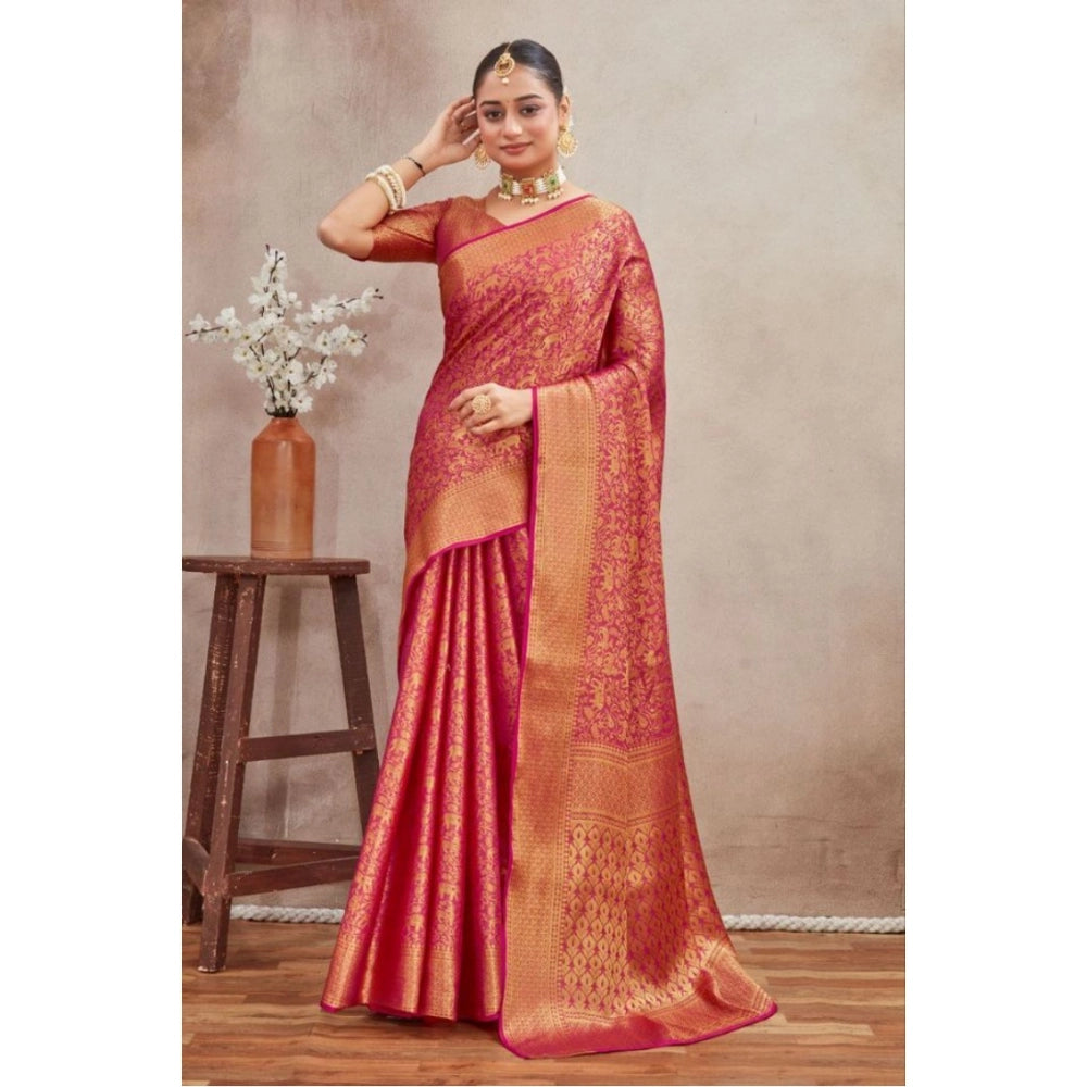 Women's pink silk blend floral printed saree with unstitched blouse, vibrant flowers on a soft silk background