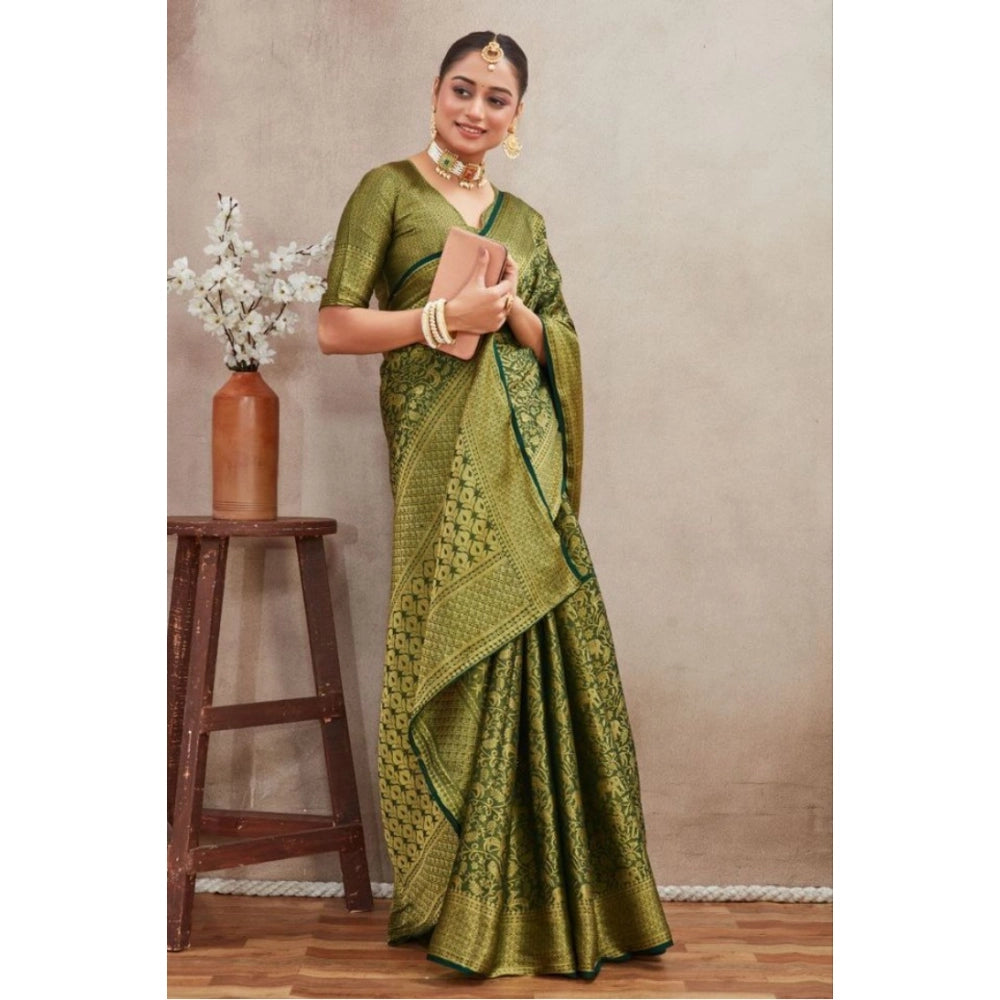 Green silk blend floral printed saree with unstitched blouse, vibrant flower patterns on traditional Indian attire