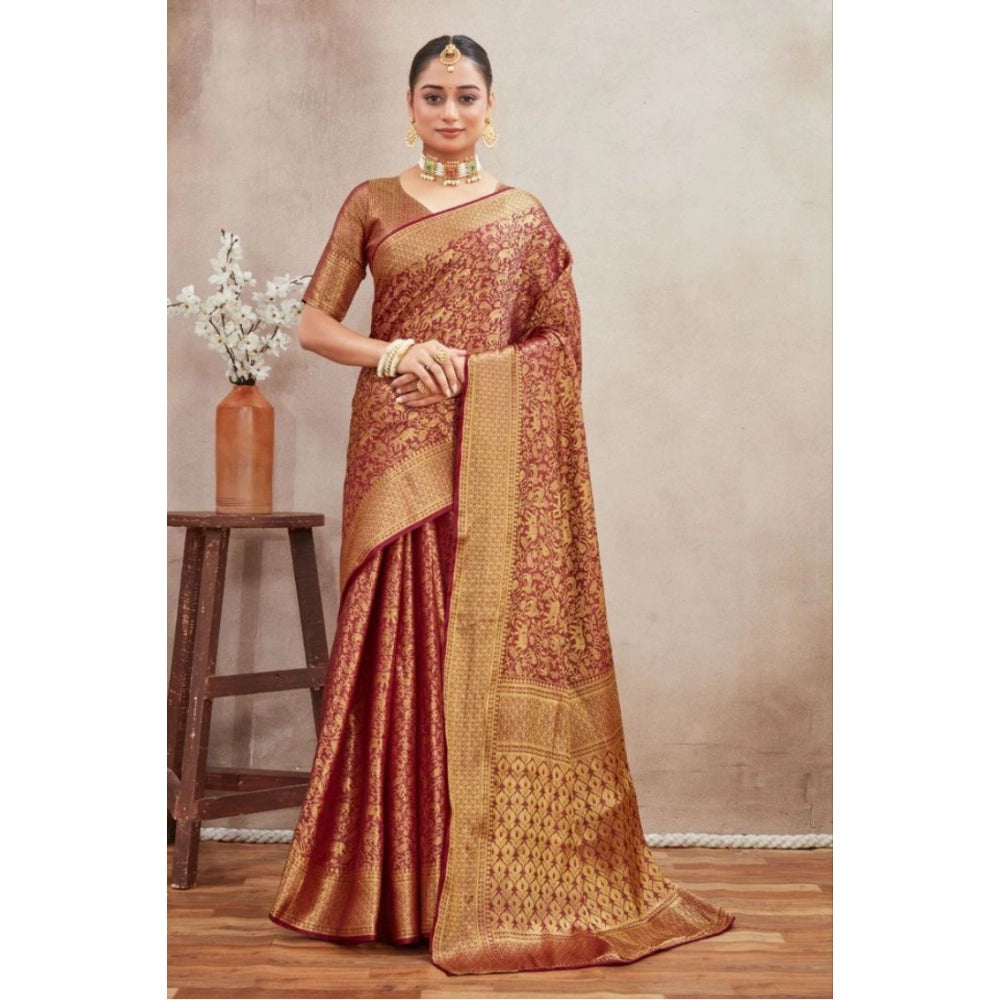 Brown silk blend floral printed saree with unstitched blouse, vibrant floral design on 5.5mtr length