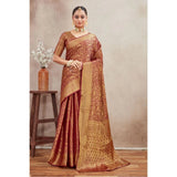 Brown silk blend floral printed saree with unstitched blouse, vibrant floral design on 5.5mtr length