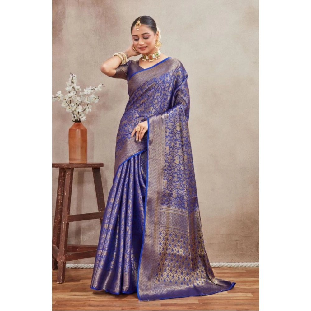 Royal blue silk blend floral printed saree with unstitched blouse, vibrant and elegant women's fashion accessory