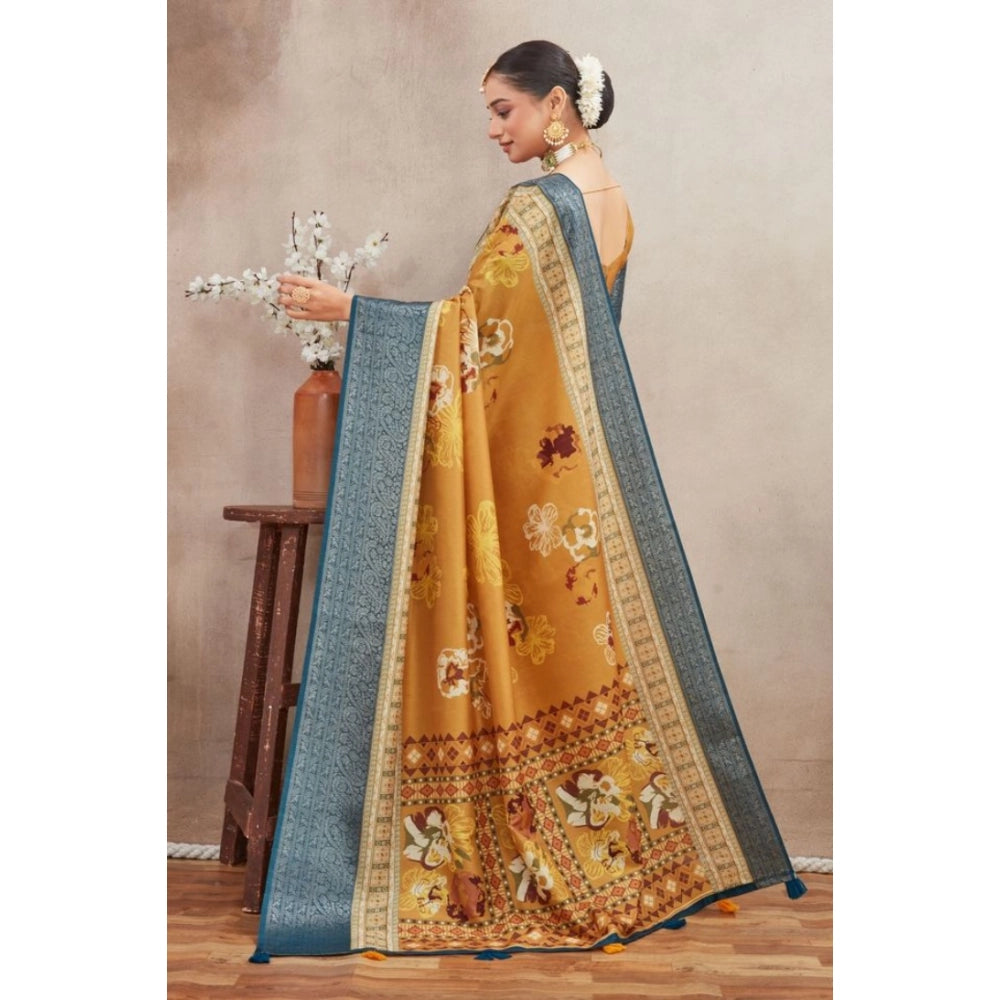 Mustard crepe silk printed saree with unstitched blouse, vibrant Indian traditional wear for women