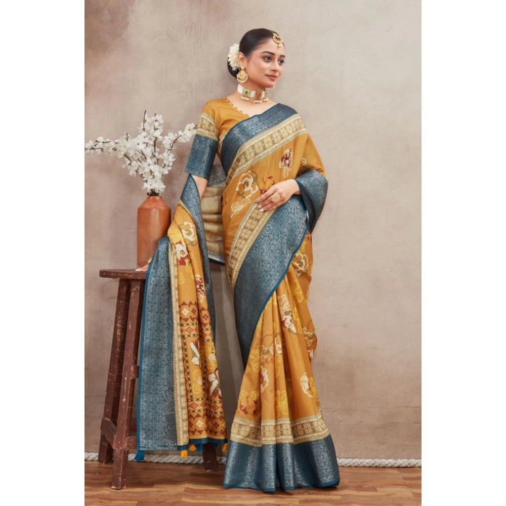 Mustard crepe silk printed saree with unstitched blouse, vibrant Indian women's fashion wear