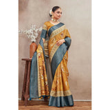 Mustard crepe silk printed saree with unstitched blouse, vibrant Indian women's fashion wear
