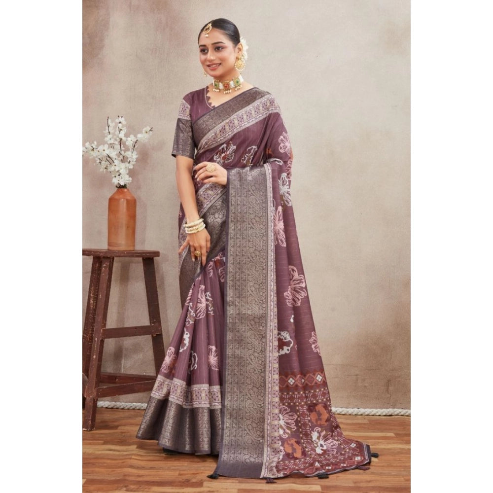 Purple crepe silk printed saree with unstitched blouse, vibrant floral design for women's traditional Indian wear