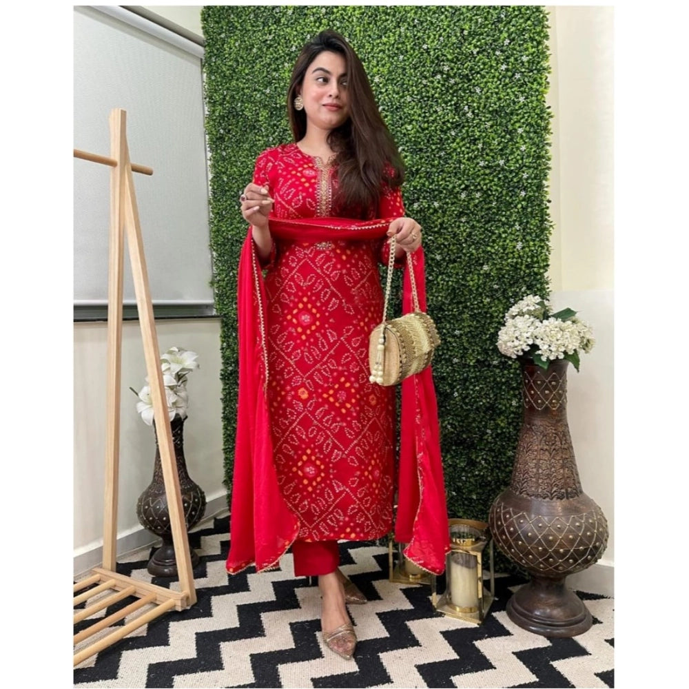 Women's Casual Rayon Printed Full Sleeve Kurti Set With Dupatta (Red)