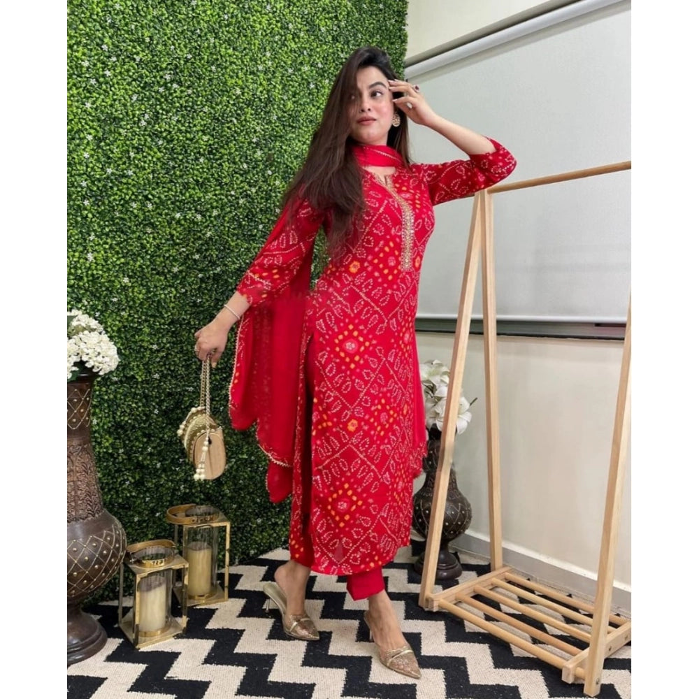 Women's Casual Rayon Printed Full Sleeve Kurti Set With Dupatta (Red)