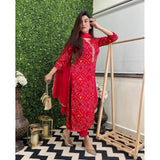 Women's Casual Rayon Printed Full Sleeve Kurti Set With Dupatta (Red)
