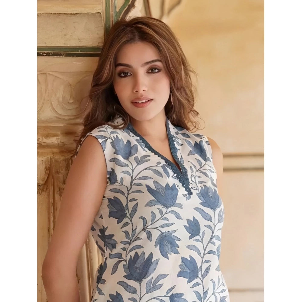 Women's Casual Cotton Printed Sleeveless Kurti Set (White-Blue)