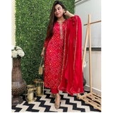 Women's Casual Rayon Printed Full Sleeve Kurti Set With Dupatta (Red)
