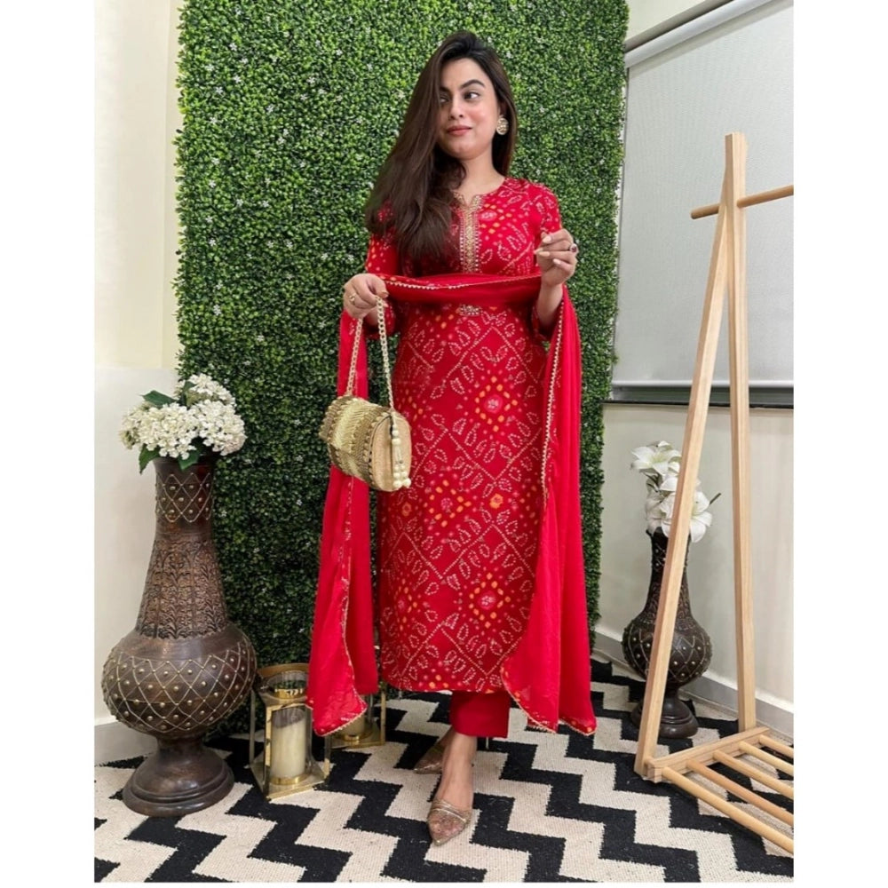 Women's Casual Rayon Printed Full Sleeve Kurti Set With Dupatta (Red)