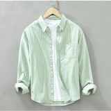 Green striped cotton men's casual full sleeve shirt with collar, stylish workwear apparel
