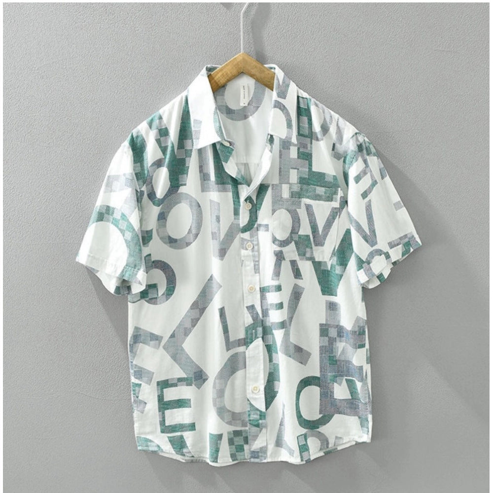 Men's casual cotton printed 3/4 sleeve collar shirt (white) - classic style, comfortable fit