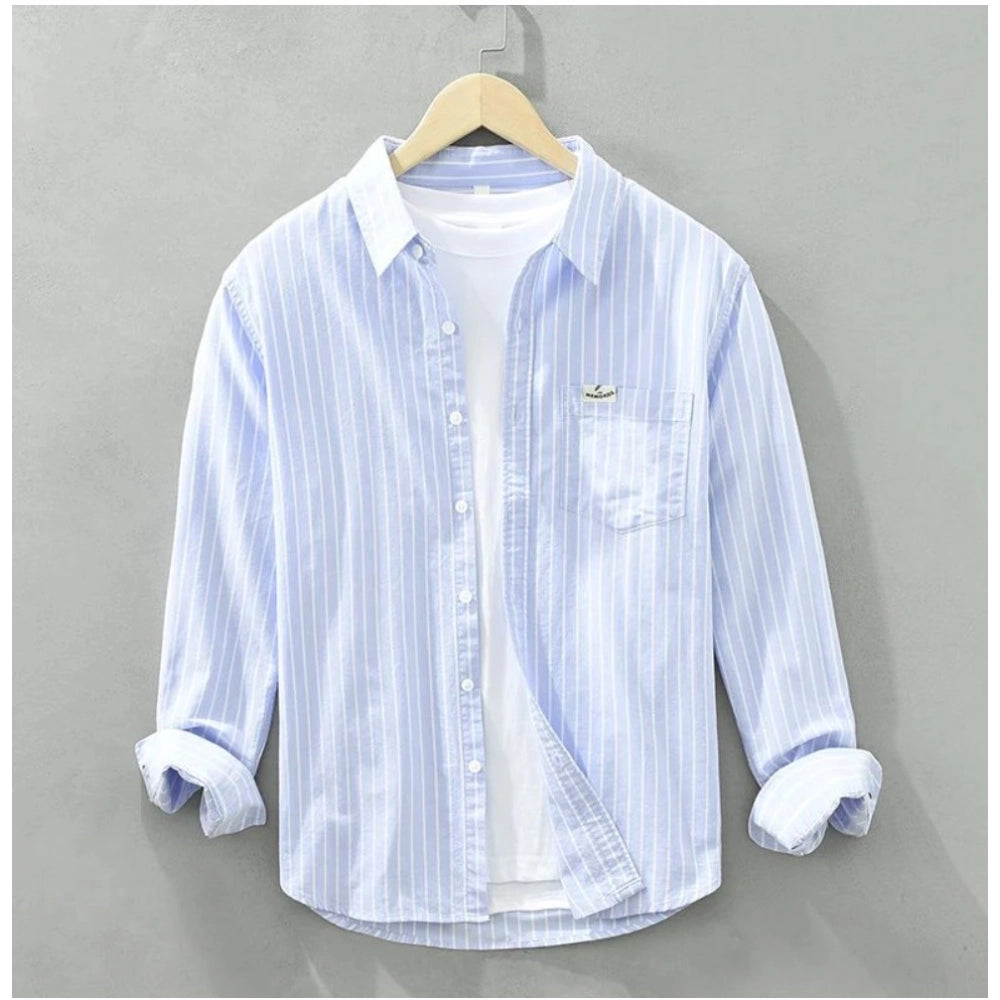 Blue cotton striped men's casual full sleeve collar shirt, stripes on sleeves and front
