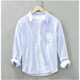 Blue cotton striped men's casual full sleeve collar shirt, stripes on sleeves and front