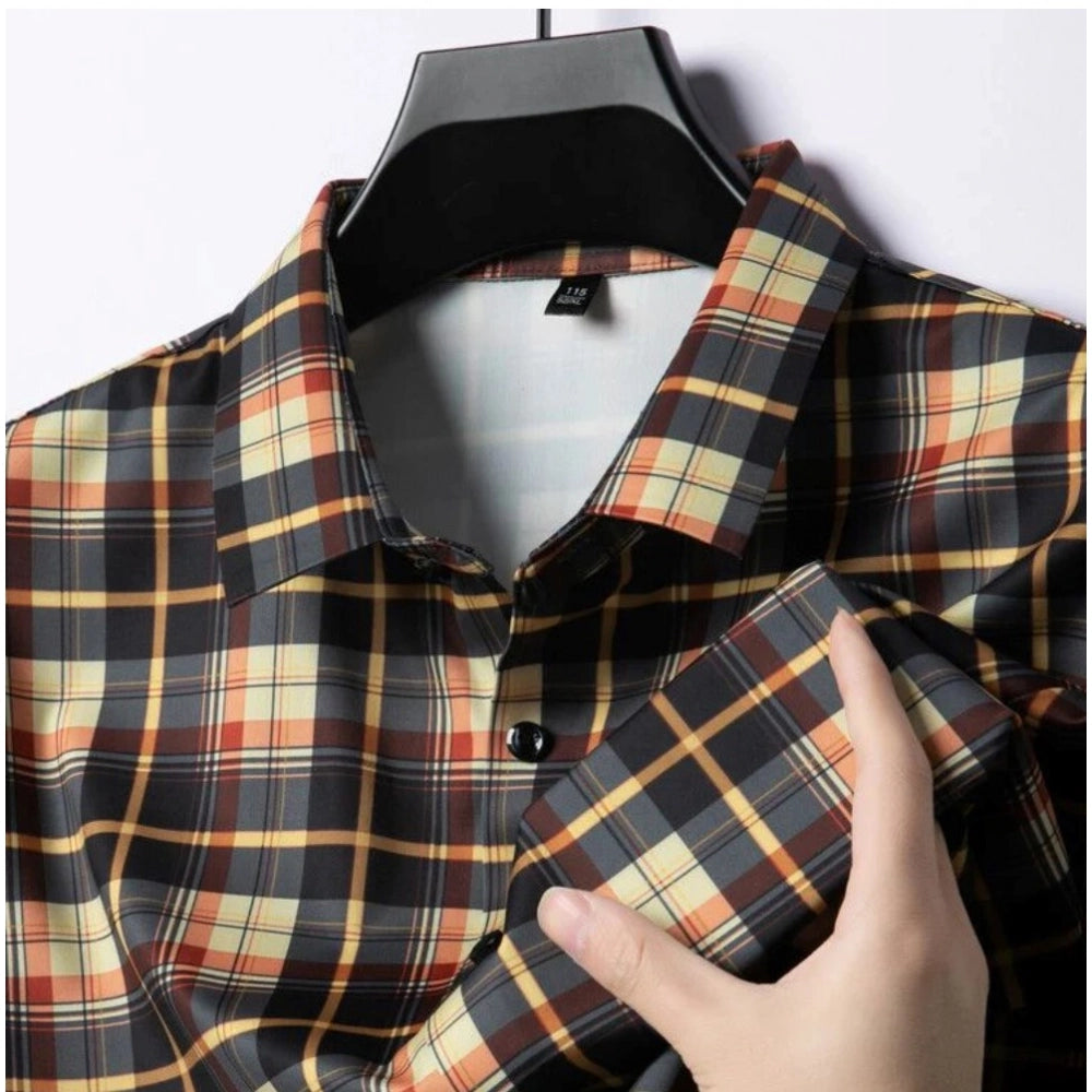 Orange cotton men's casual checked 3/4 sleeve collar shirt with check pattern, close-up view
