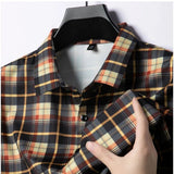 Orange cotton men's casual checked 3/4 sleeve collar shirt with check pattern, close-up view
