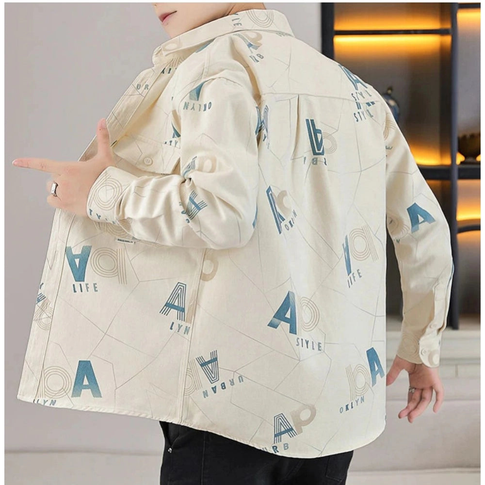 Men's casual printed full sleeve collar shirt (beige), cotton, features intricate patterns for a stylish look