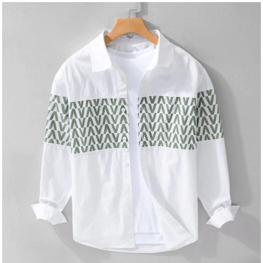 Men's casual cotton printed full sleeve collar shirt (white), vibrant pattern for everyday style